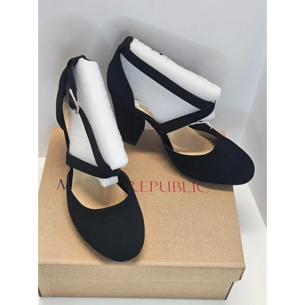 Pumps Chunky Heels Black Nubuck Suede Ankle Strappy With Buckle Women Size‎ 5.5